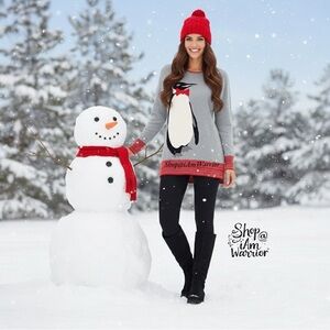 C. Wonder Intarsia Penguin Sweater Gray Knit with Red Trim & Rhinestone Bow Tie